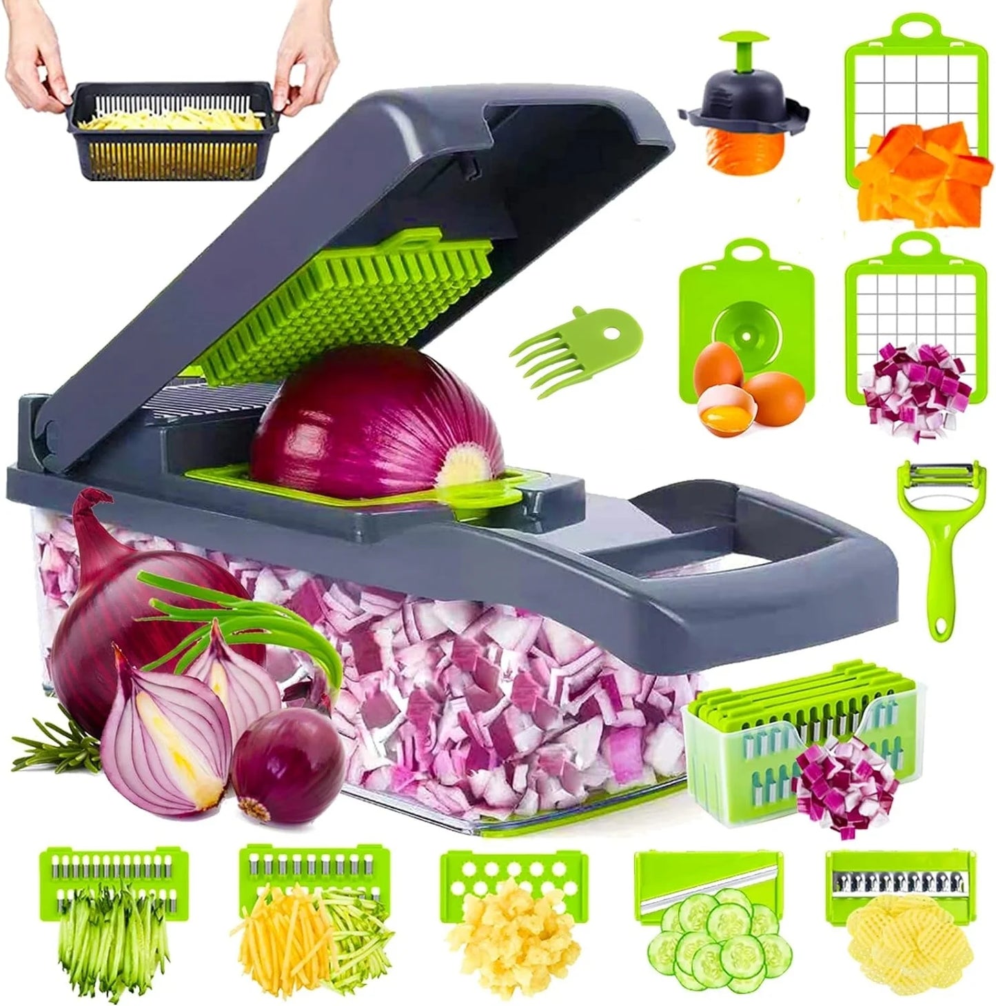 🥗 12-in-1 Vegetable Chopper & Slicer – Multifunctional Food Prep Tool with 8 Blades & Large Storage Container
