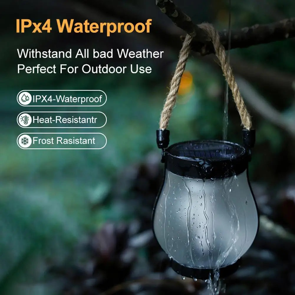Solar Flame Lantern with Hemp Rope – Rechargeable Hanging Garden & Courtyard Lamp, Warm Light, Waterproof Outdoor Camping Decoration (28cm, 800 Lumens)