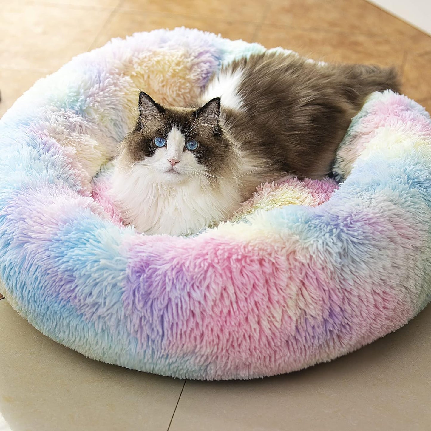 Donut Dog & Cat Bed – Fluffy Plush Faux Fur, Washable, Joint Relief & Improved Sleep, Non-Slip Bottom, Small/Medium/Large Pets