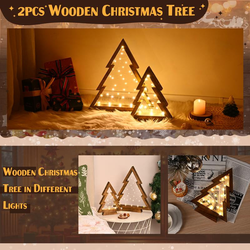 Modern Farmhouse Wooden Christmas Tree | Set of 2 with Lights for Tabletop Mantel & Shelf Bedroom | Perfect Christmas Decor