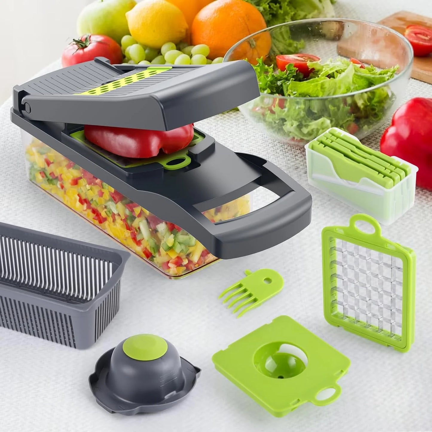 🥗 12-in-1 Vegetable Chopper & Slicer – Multifunctional Food Prep Tool with 8 Blades & Large Storage Container