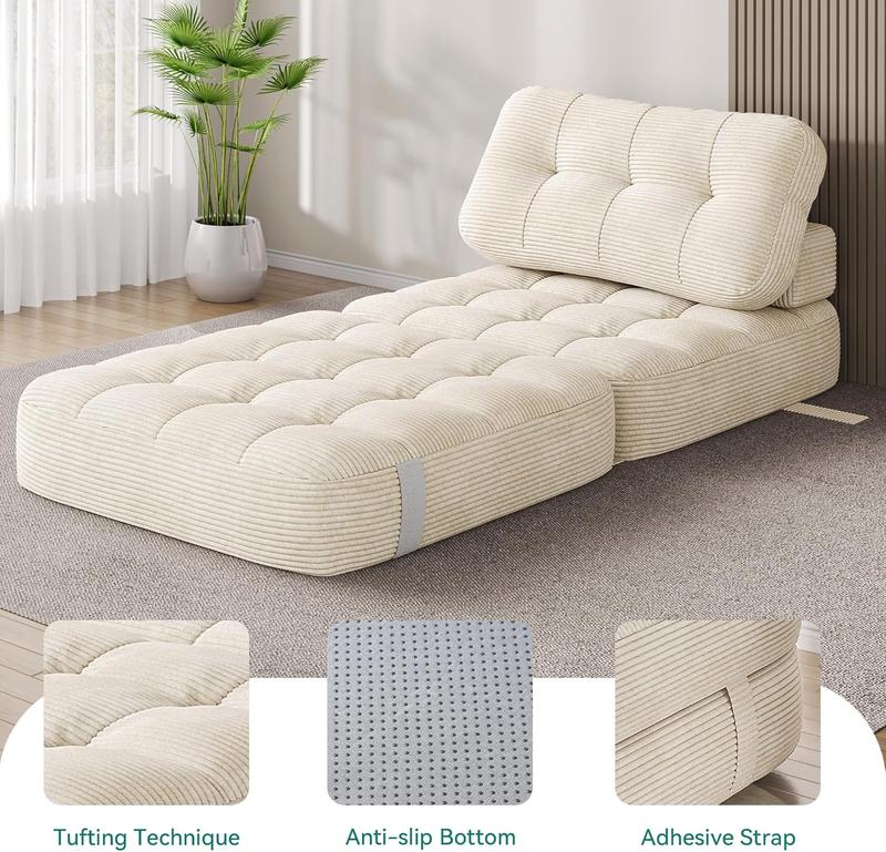 2-in-1 Foldable Sofa Bed Chair with Pillow – Space-Saving Lounge Chair & Guest Bed, Corduroy Cover, Foam Mattress