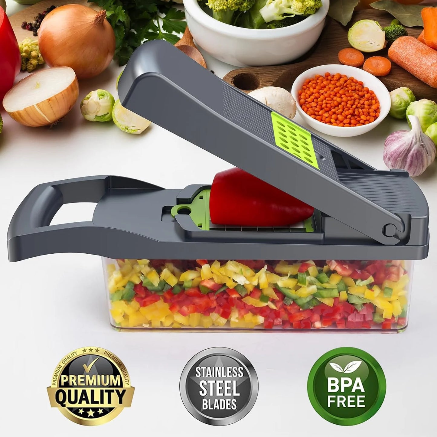 🥗 12-in-1 Vegetable Chopper & Slicer – Multifunctional Food Prep Tool with 8 Blades & Large Storage Container