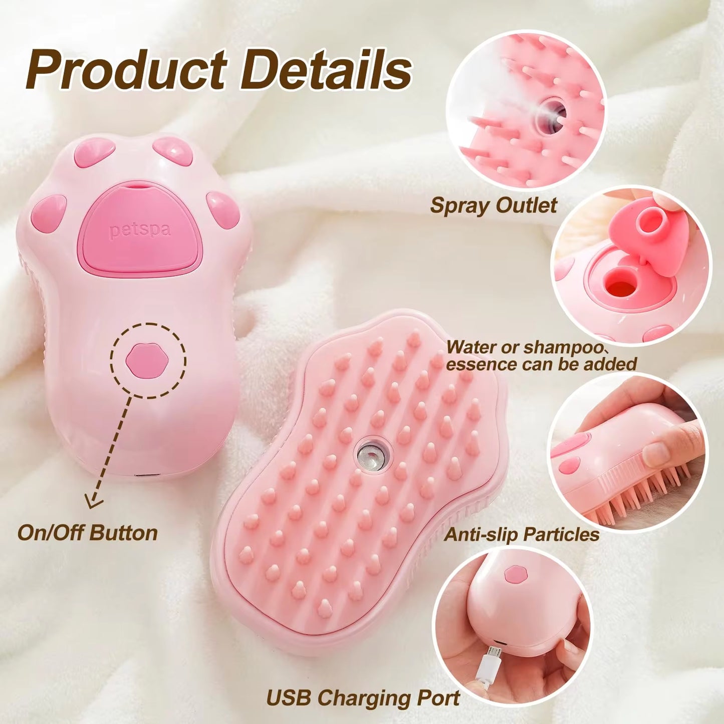 3-in-1 Electric Pet Grooming Brush β Steam Spray Cat & Dog Comb with Hair Removal & Massage Function for Shedding & Detangling
