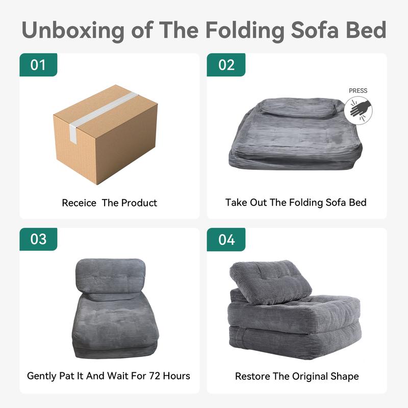 2-in-1 Foldable Sofa Bed Chair with Pillow – Space-Saving Lounge Chair & Guest Bed, Corduroy Cover, Foam Mattress