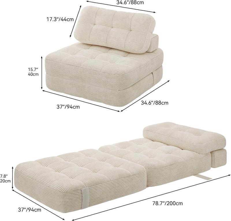 2-in-1 Foldable Sofa Bed Chair with Pillow – Space-Saving Lounge Chair & Guest Bed, Corduroy Cover, Foam Mattress