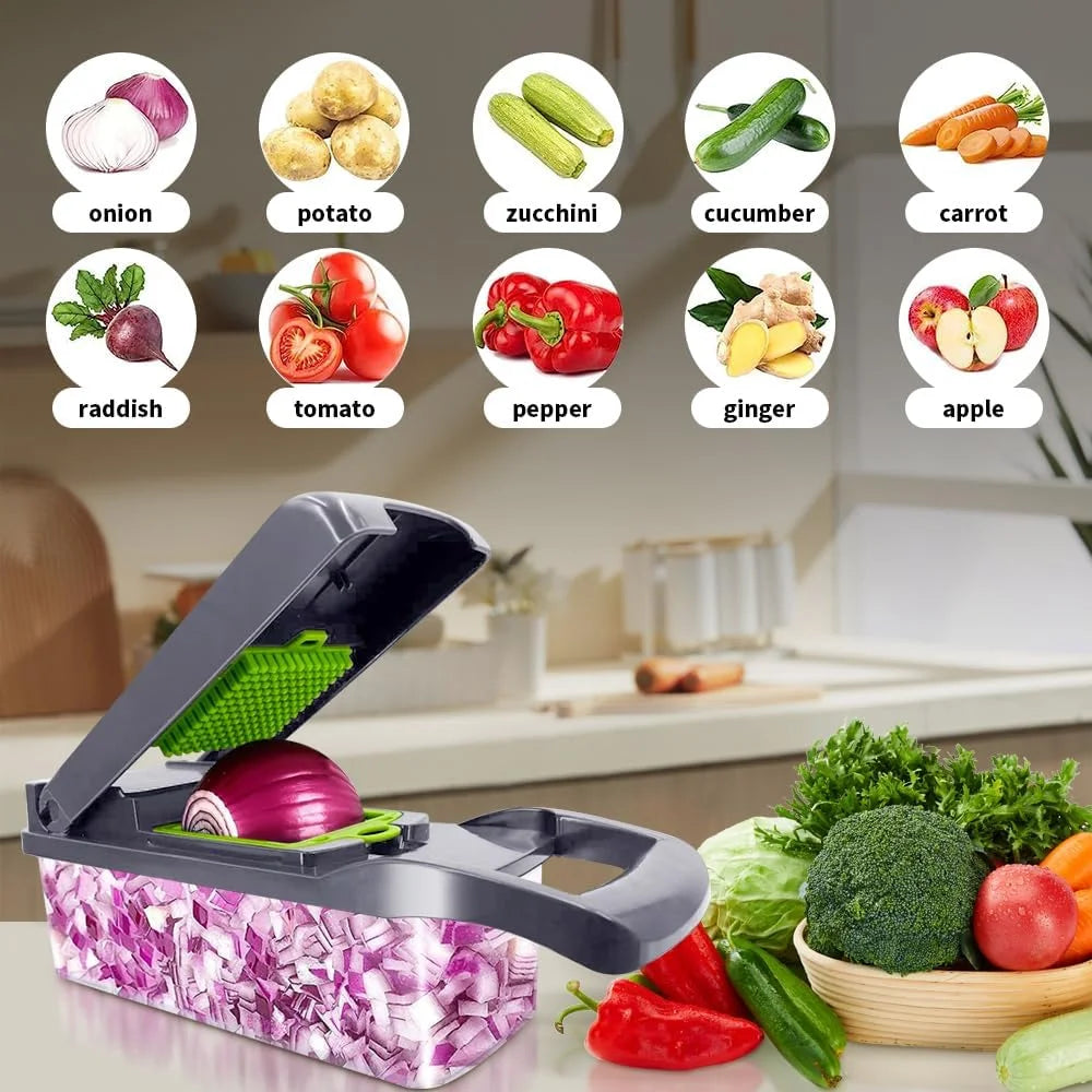 🥗 12-in-1 Vegetable Chopper & Slicer – Multifunctional Food Prep Tool with 8 Blades & Large Storage Container