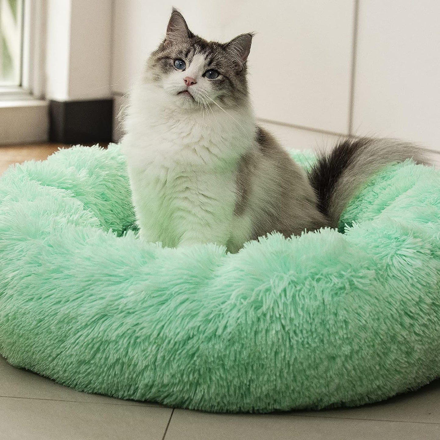Donut Dog & Cat Bed – Fluffy Plush Faux Fur, Washable, Joint Relief & Improved Sleep, Non-Slip Bottom, Small/Medium/Large Pets