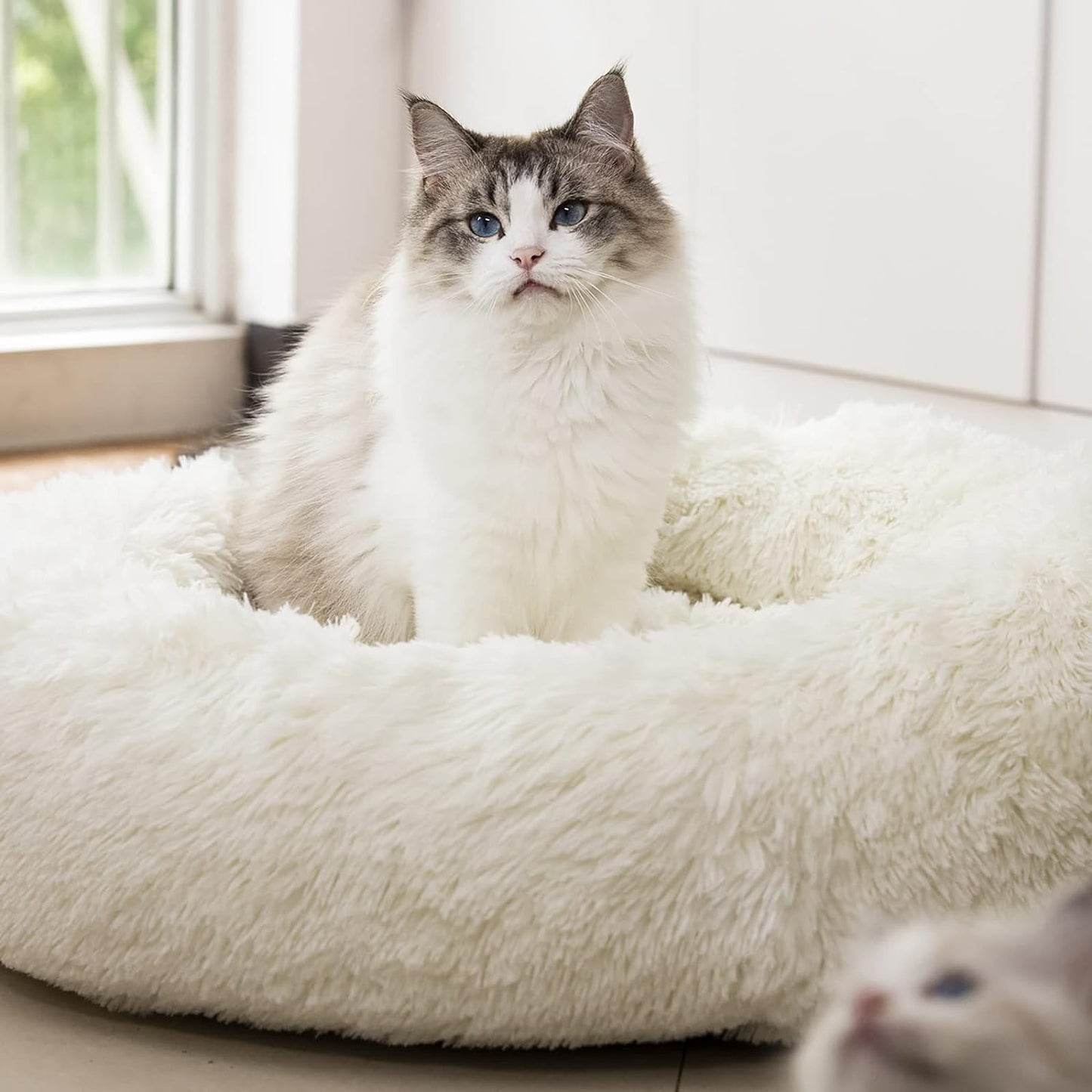 Donut Dog & Cat Bed – Fluffy Plush Faux Fur, Washable, Joint Relief & Improved Sleep, Non-Slip Bottom, Small/Medium/Large Pets