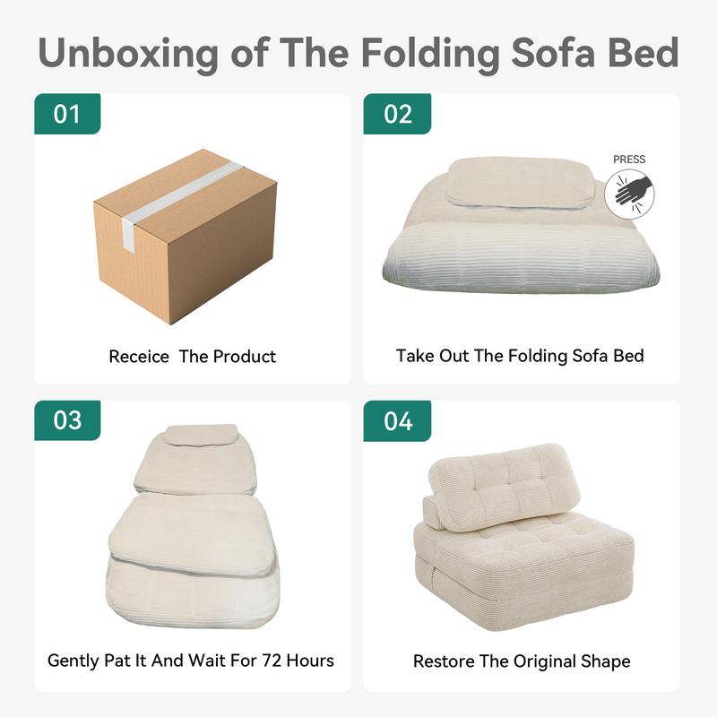 2-in-1 Foldable Sofa Bed Chair with Pillow – Space-Saving Lounge Chair & Guest Bed, Corduroy Cover, Foam Mattress