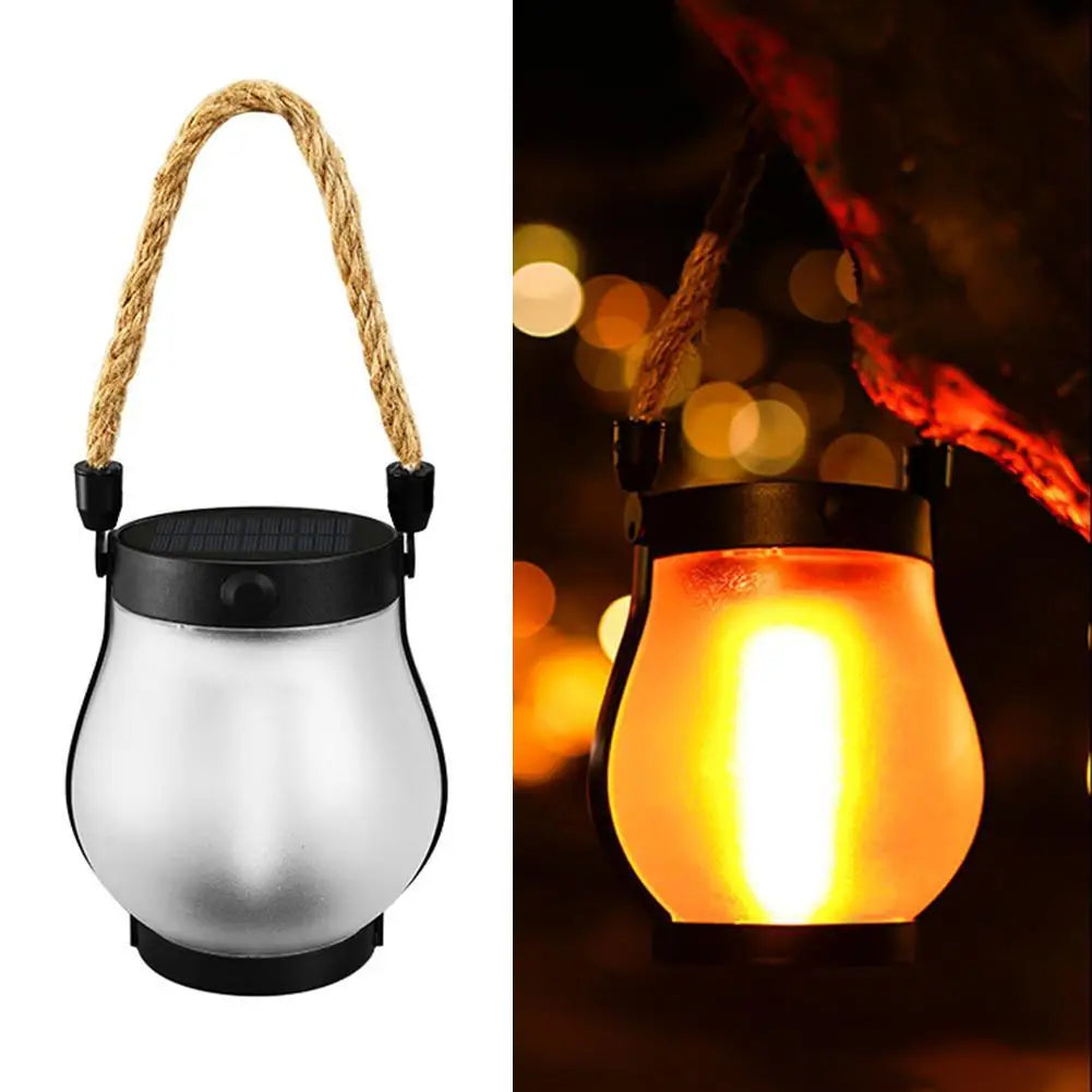 Solar Flame Lantern with Hemp Rope – Rechargeable Hanging Garden & Courtyard Lamp, Warm Light, Waterproof Outdoor Camping Decoration (28cm, 800 Lumens)