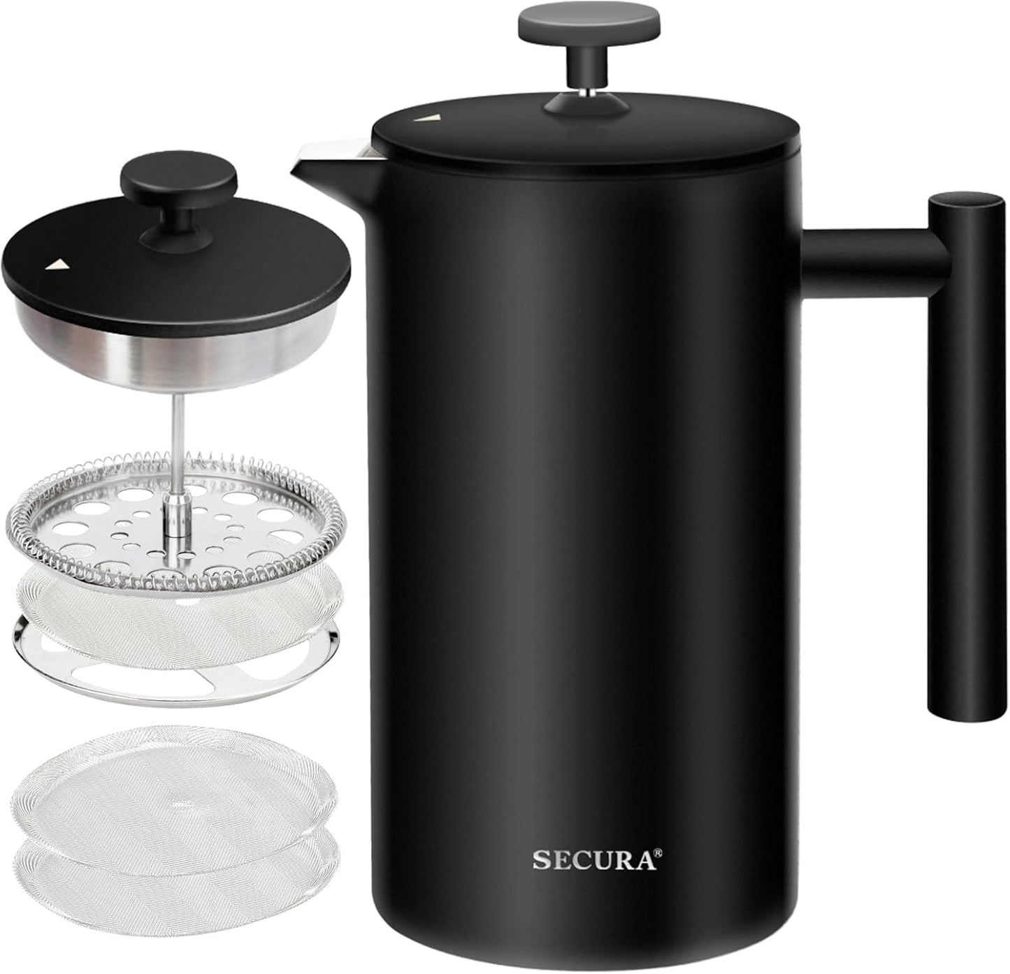 French Press Coffee Maker – 12oz (350ml) Double-Wall Insulated Stainless Steel Coffee Press with 3-Layer Filter, 2 Extra Screens, Dishwasher Safe – Heat Retention, Cool-Touch Handle