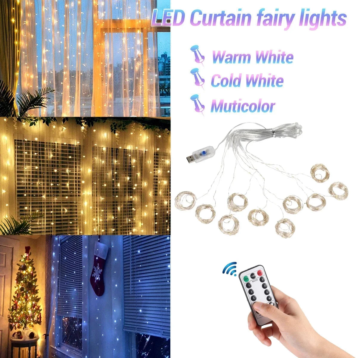 Christmas Curtain Lights Garland β 2025 Merry Xmas Fairy Lights with 8 Modes, Remote Controled