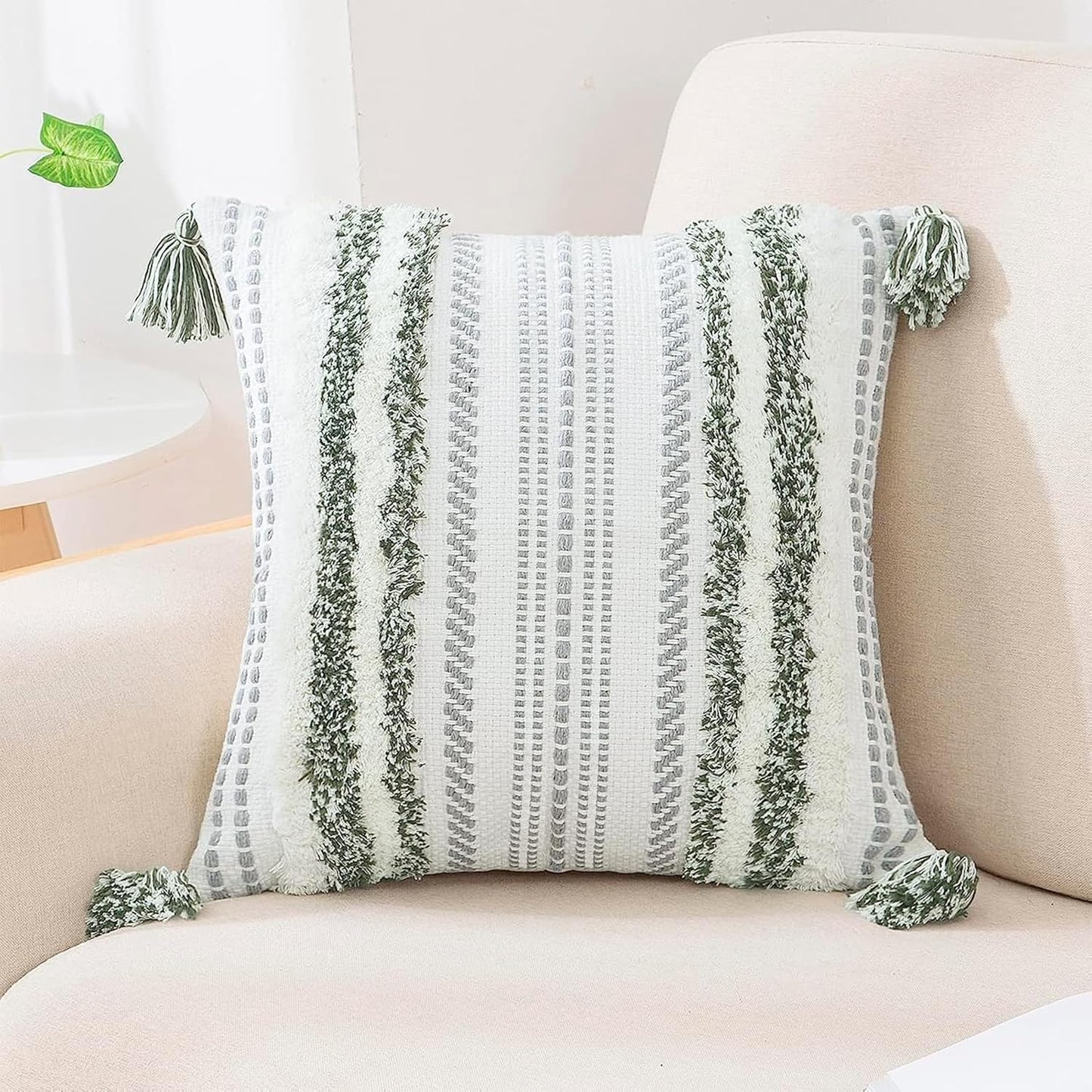 🌿 Boho Throw Pillow Cover 12x20 – Lumbar Accent Cushion with Textured Tufting & Handmade Tassels, Green & Cream White