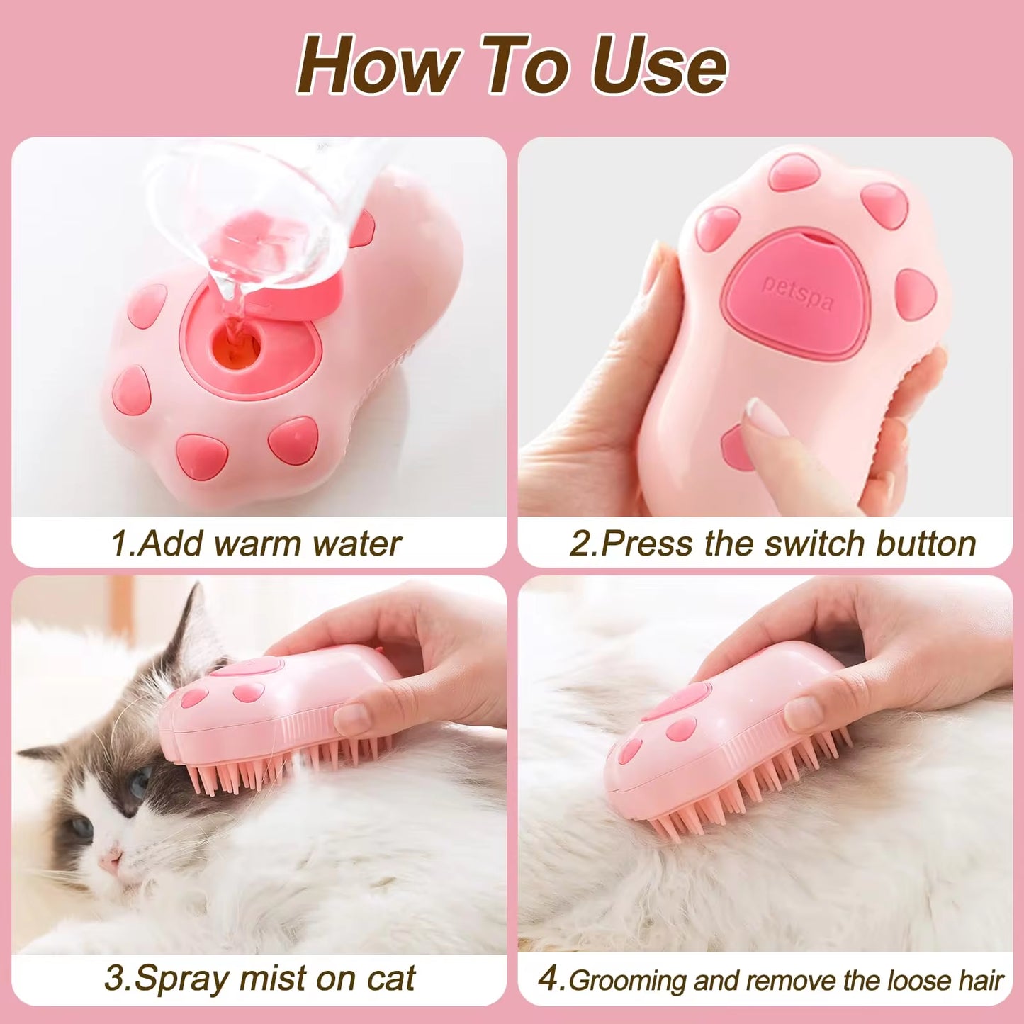 3-in-1 Electric Pet Grooming Brush β Steam Spray Cat & Dog Comb with Hair Removal & Massage Function for Shedding & Detangling