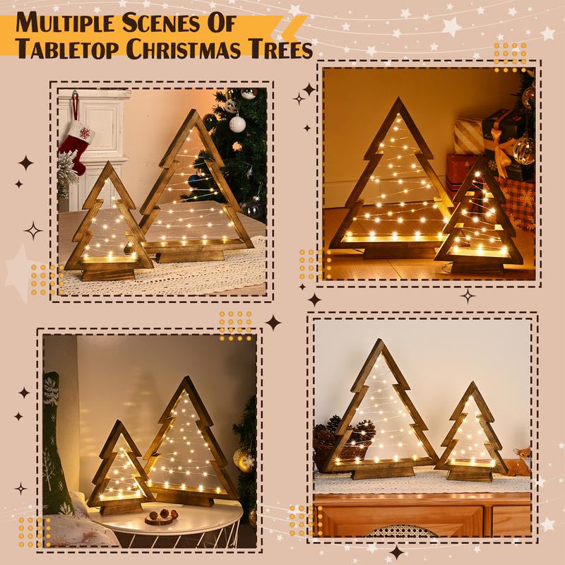 Modern Farmhouse Wooden Christmas Tree | Set of 2 with Lights for Tabletop Mantel & Shelf Bedroom | Perfect Christmas Decor