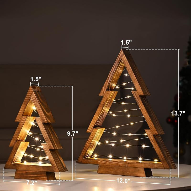 Modern Farmhouse Wooden Christmas Tree | Set of 2 with Lights for Tabletop Mantel & Shelf Bedroom | Perfect Christmas Decor