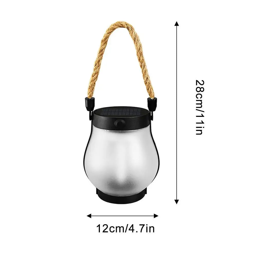 Solar Flame Lantern with Hemp Rope – Rechargeable Hanging Garden & Courtyard Lamp, Warm Light, Waterproof Outdoor Camping Decoration (28cm, 800 Lumens)