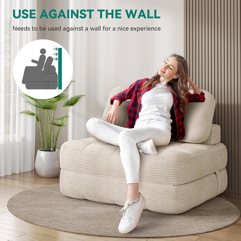 2-in-1 Foldable Sofa Bed Chair with Pillow – Space-Saving Lounge Chair & Guest Bed, Corduroy Cover, Foam Mattress