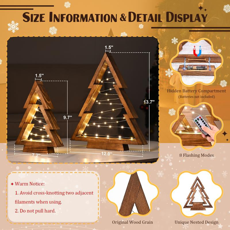 Modern Farmhouse Wooden Christmas Tree | Set of 2 with Lights for Tabletop Mantel & Shelf Bedroom | Perfect Christmas Decor