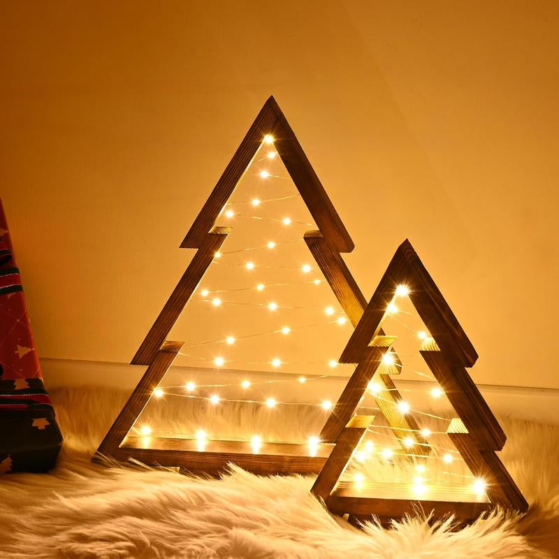 Modern Farmhouse Wooden Christmas Tree | Set of 2 with Lights for Tabletop Mantel & Shelf Bedroom | Perfect Christmas Decor