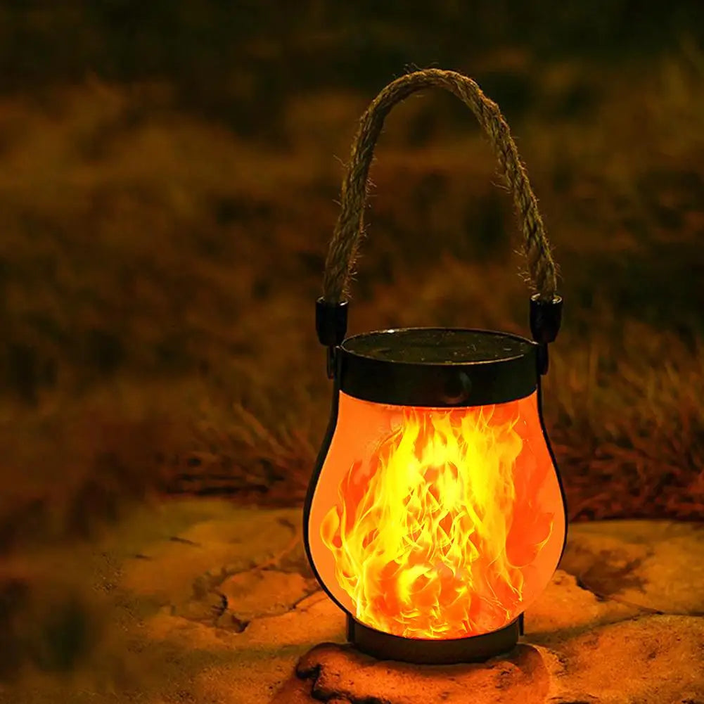 Solar Flame Lantern with Hemp Rope – Rechargeable Hanging Garden & Courtyard Lamp, Warm Light, Waterproof Outdoor Camping Decoration (28cm, 800 Lumens)