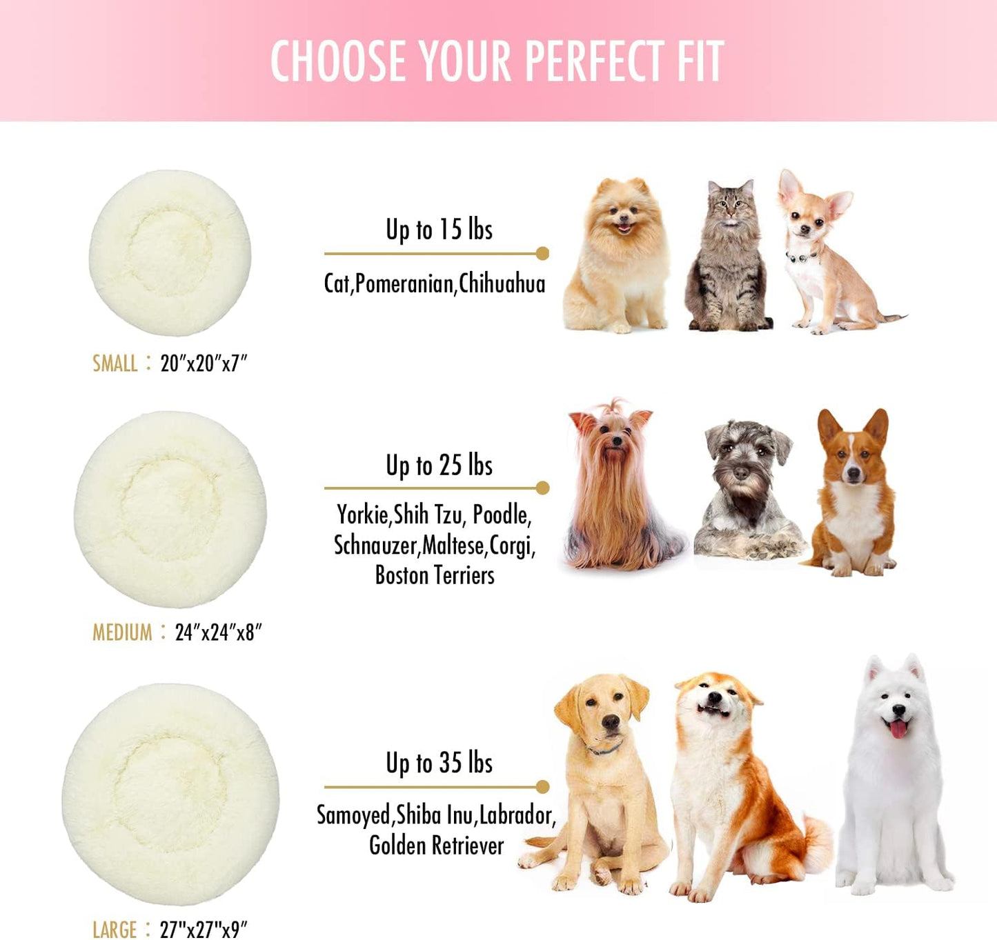 Donut Dog & Cat Bed – Fluffy Plush Faux Fur, Washable, Joint Relief & Improved Sleep, Non-Slip Bottom, Small/Medium/Large Pets