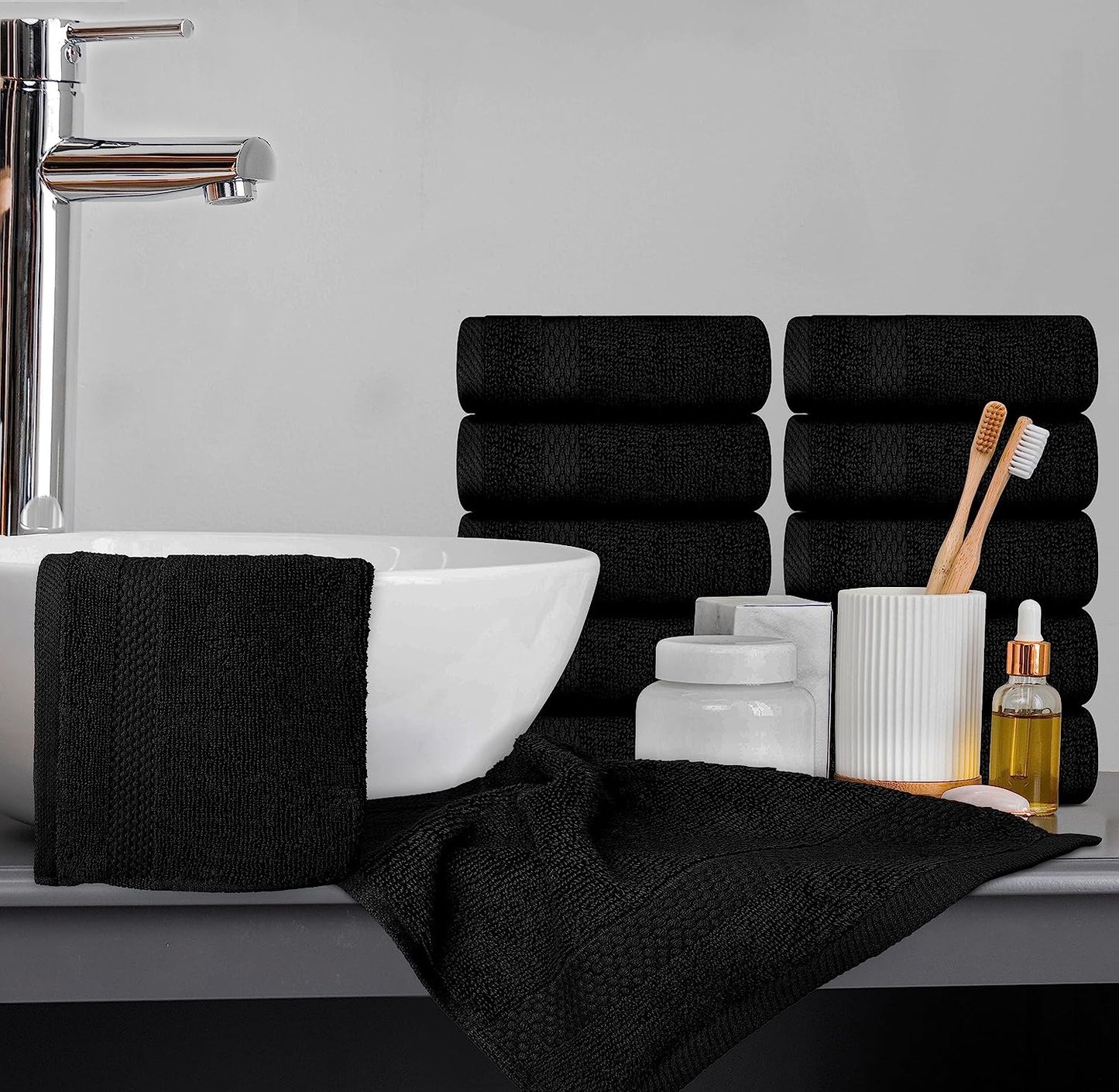 Luxury Cotton Washcloths 13X13 Inch | Hotel, Spa, Bathroom Face Towel | 12 Pack, Black