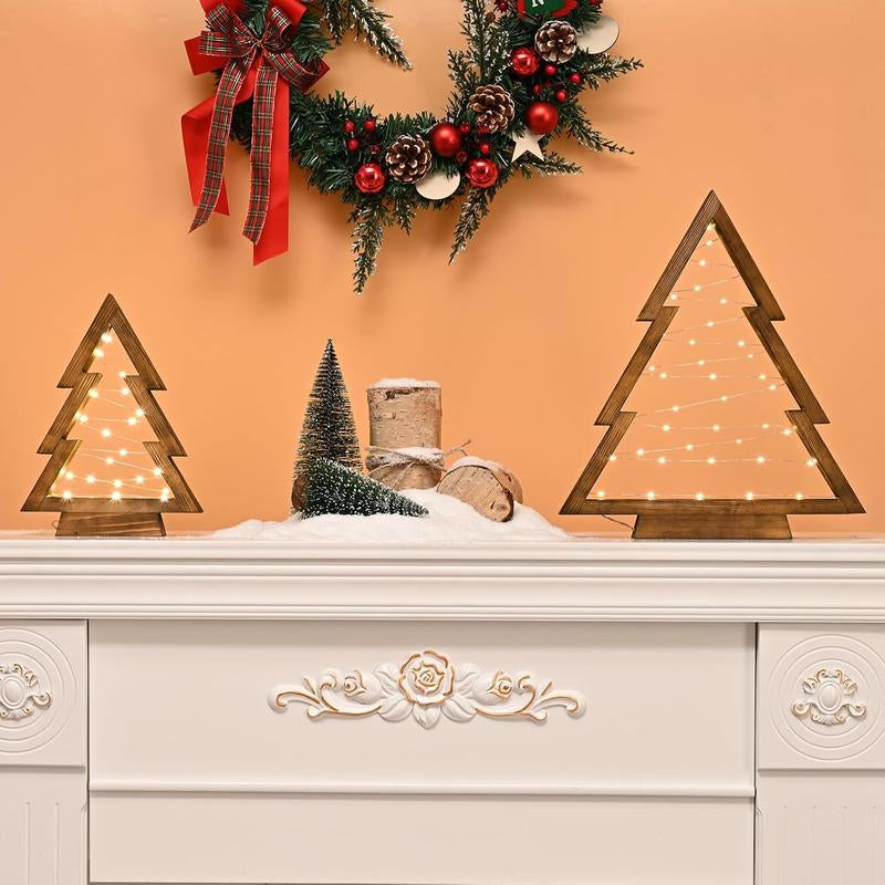 Modern Farmhouse Wooden Christmas Tree | Set of 2 with Lights for Tabletop Mantel & Shelf Bedroom | Perfect Christmas Decor