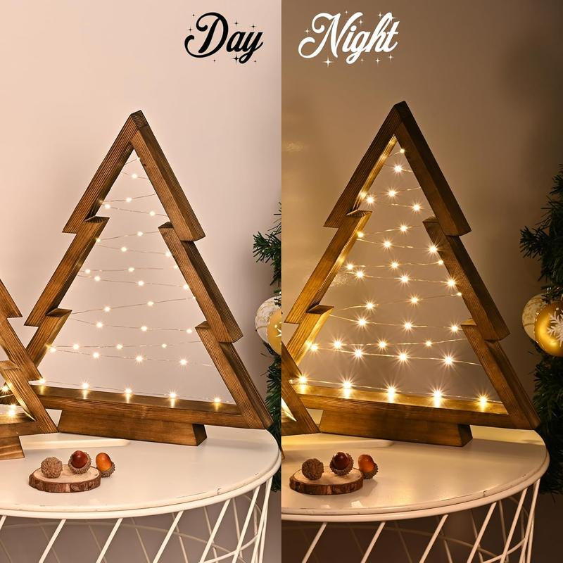 Modern Farmhouse Wooden Christmas Tree | Set of 2 with Lights for Tabletop Mantel & Shelf Bedroom | Perfect Christmas Decor