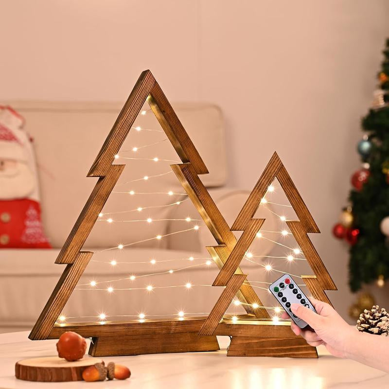 Modern Farmhouse Wooden Christmas Tree | Set of 2 with Lights for Tabletop Mantel & Shelf Bedroom | Perfect Christmas Decor