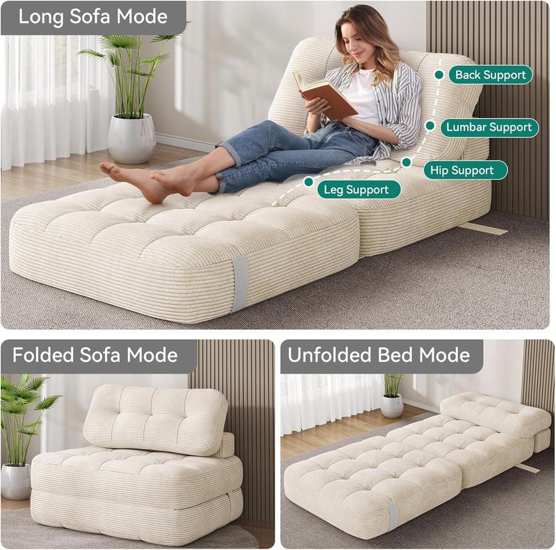 2-in-1 Foldable Sofa Bed Chair with Pillow – Space-Saving Lounge Chair & Guest Bed, Corduroy Cover, Foam Mattress