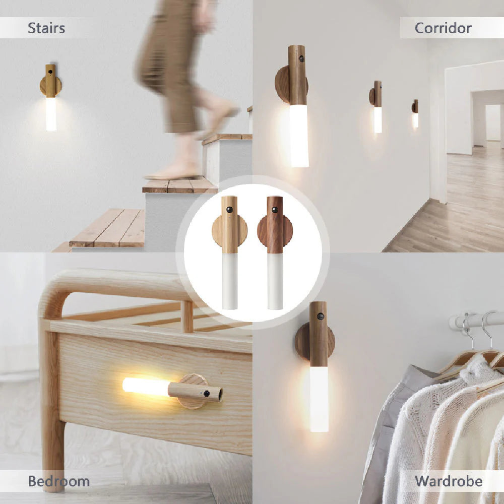 ✨SenseGlide Magnetic Motion Sensor Night Light – Wireless LED Wood-Style Lamp for Home Harmony