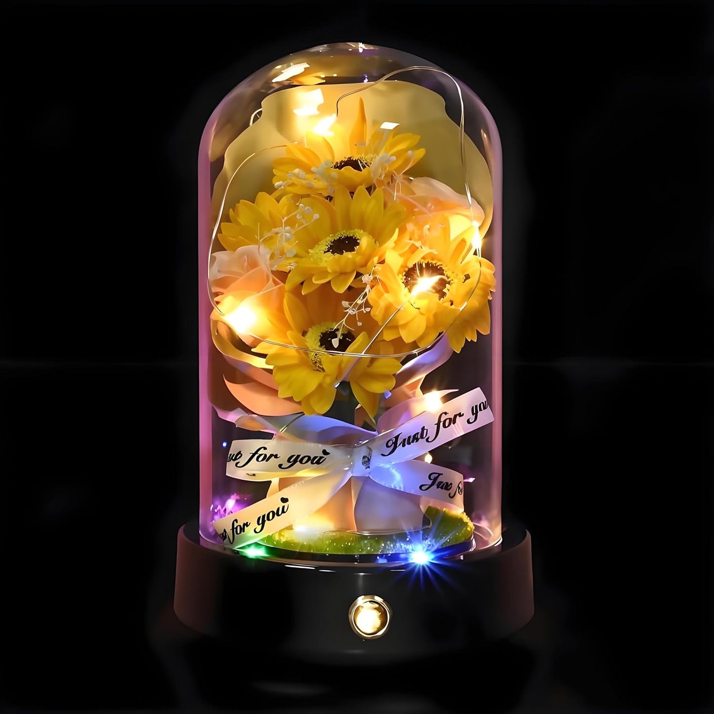 Sunflower Gift for Women – Preserved Artificial Sunflower in Glass Dome with LED Lights | Romantic Birthday, Christmas, Valentine’s, or Mother’s Day Gift