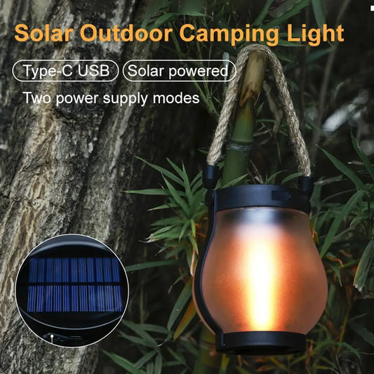 Solar Flame Lantern with Hemp Rope – Rechargeable Hanging Garden & Courtyard Lamp, Warm Light, Waterproof Outdoor Camping Decoration (28cm, 800 Lumens)