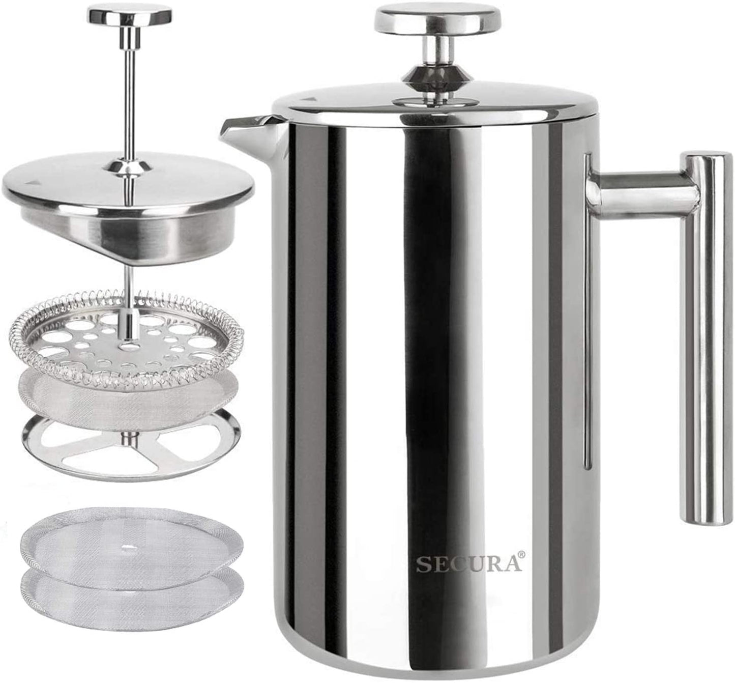 French Press Coffee Maker – 12oz (350ml) Double-Wall Insulated Stainless Steel Coffee Press with 3-Layer Filter, 2 Extra Screens, Dishwasher Safe – Heat Retention, Cool-Touch Handle