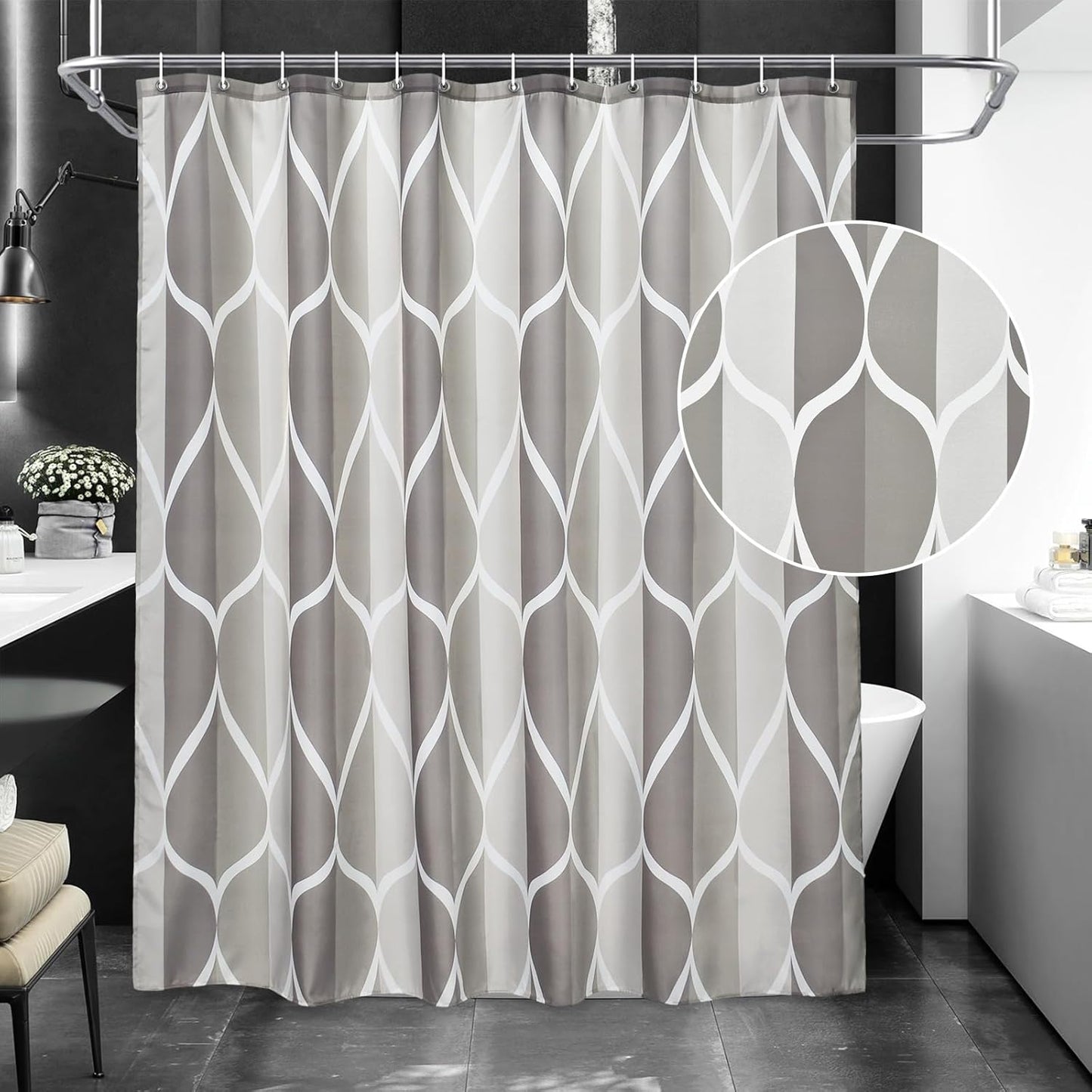 Fabric Shower Curtain – Waterproof, Quick-Drying Polyester, Weighted Bottom, 8 Hooks and Machine Washable