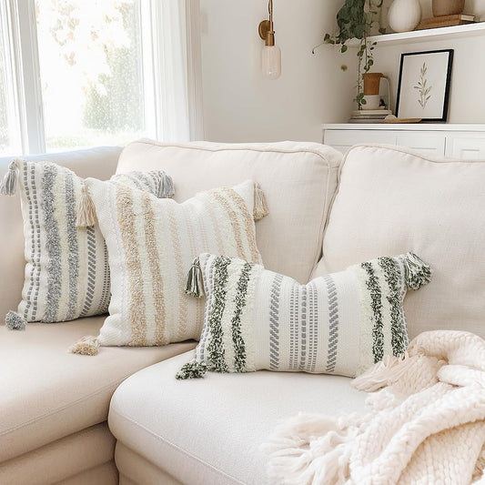🌿 Boho Throw Pillow Cover 12x20 – Lumbar Accent Cushion with Textured Tufting & Handmade Tassels, Green & Cream White