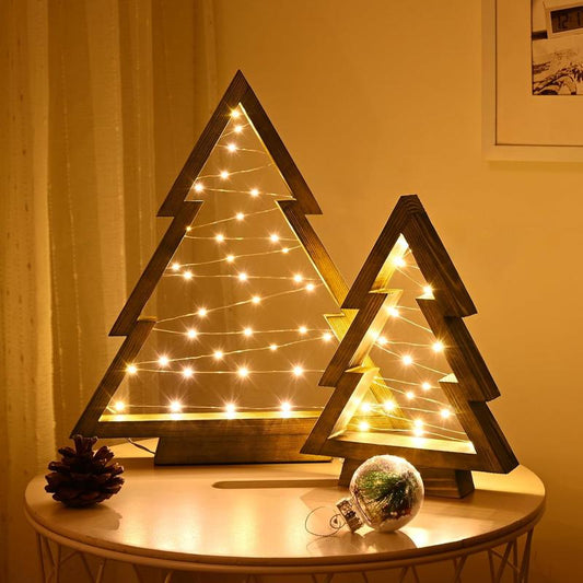 Modern Farmhouse Wooden Christmas Tree | Set of 2 with Lights for Tabletop Mantel & Shelf Bedroom | Perfect Christmas Decor