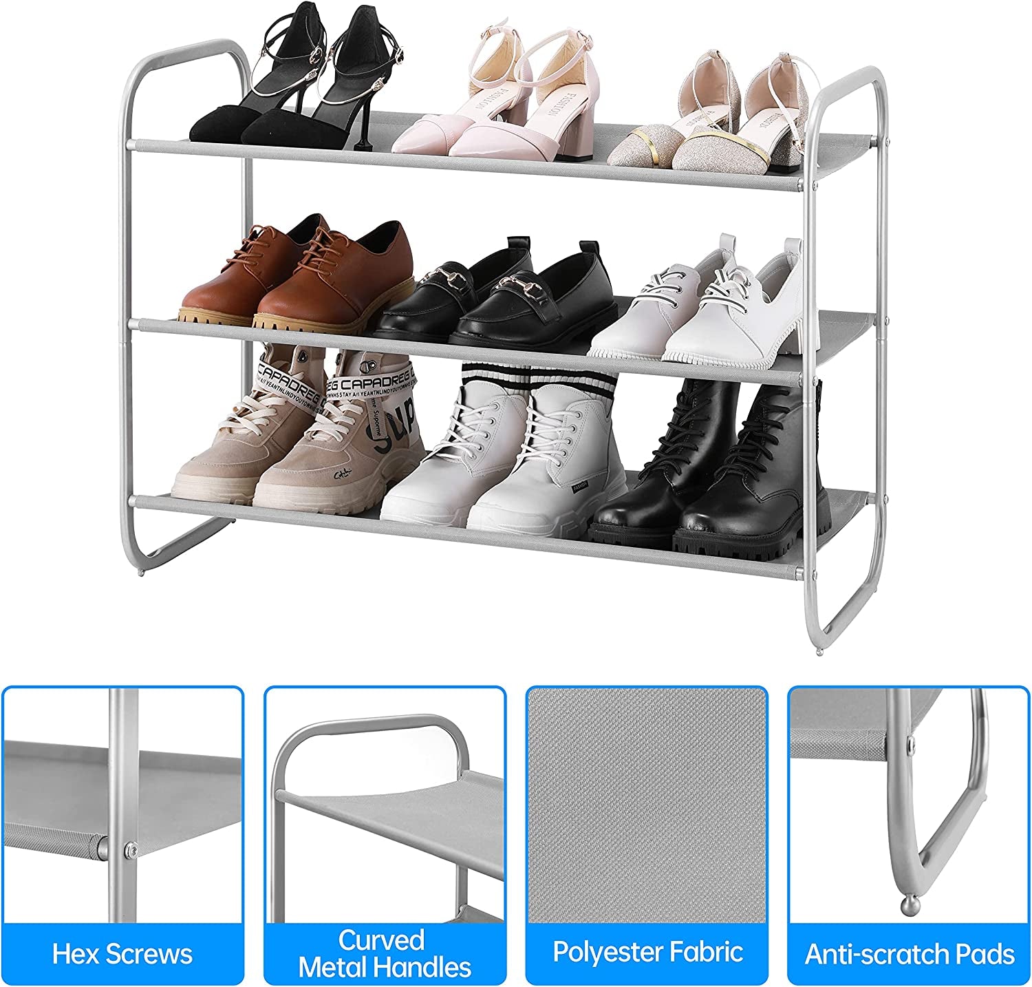 3-Tier Fabric Shoe Rack Organizer – Freestanding Light Gray Shoe Shelf for Closet, Entryway, or Bedroom | Space-Saving Storage
