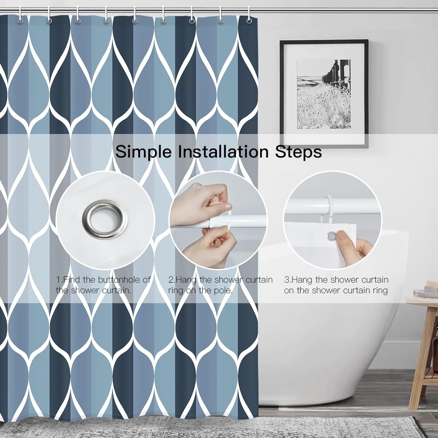 Fabric Shower Curtain – Waterproof, Quick-Drying Polyester, Weighted Bottom, 8 Hooks and Machine Washable