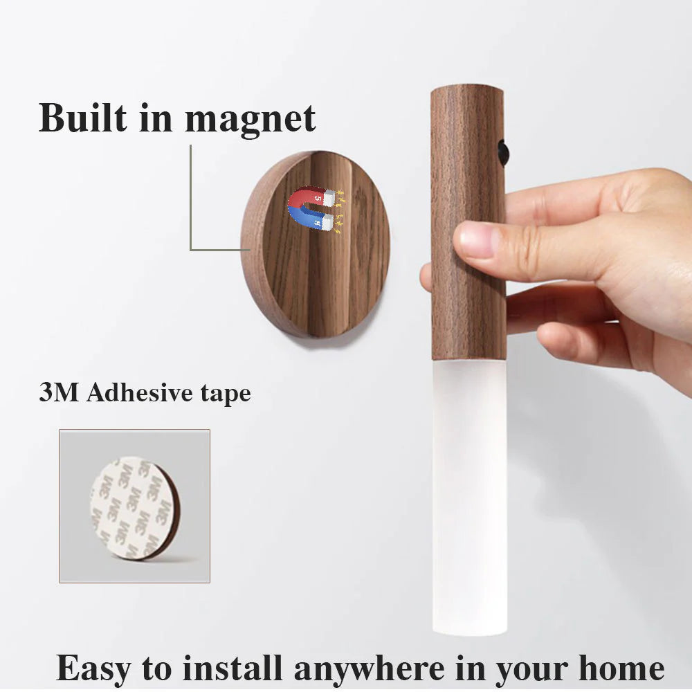 ✨SenseGlide Magnetic Motion Sensor Night Light – Wireless LED Wood-Style Lamp for Home Harmony