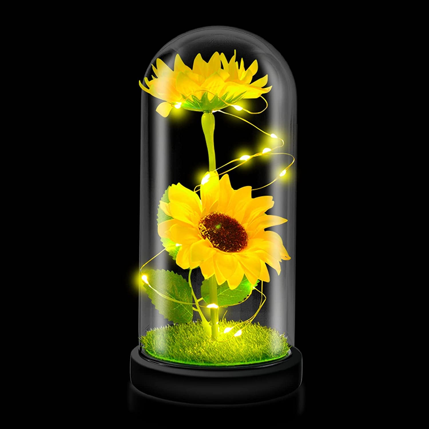 Sunflower Gift for Women – Preserved Artificial Sunflower in Glass Dome with LED Lights | Romantic Birthday, Christmas, Valentine’s, or Mother’s Day Gift