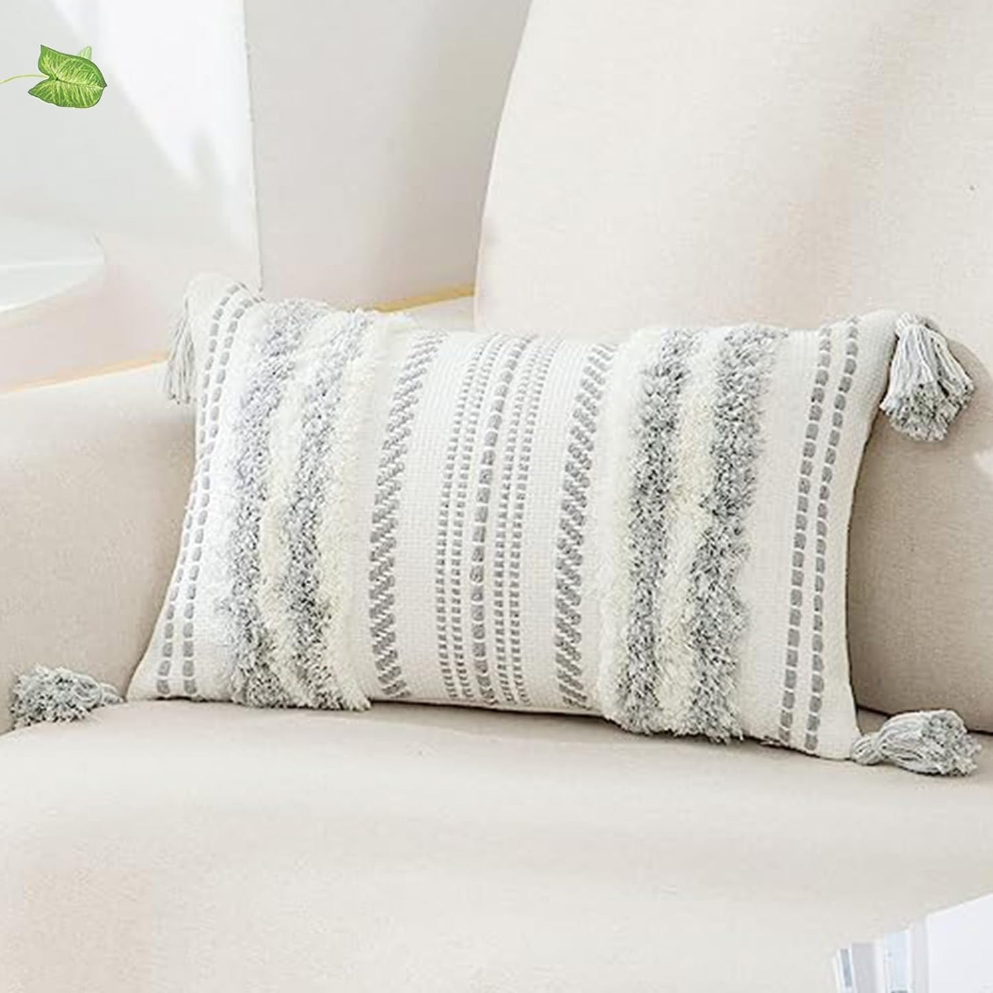 🌿 Boho Throw Pillow Cover 12x20 – Lumbar Accent Cushion with Textured Tufting & Handmade Tassels, Green & Cream White
