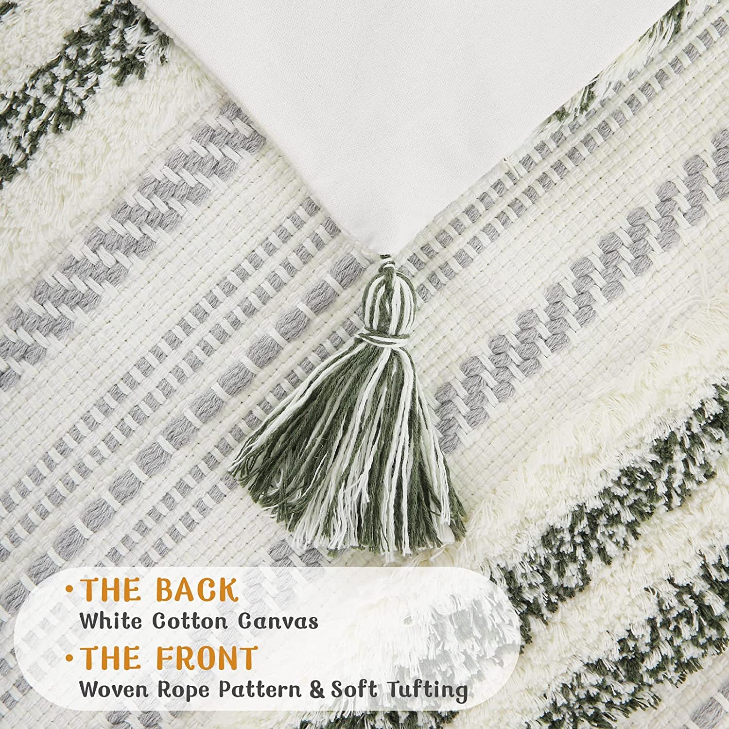 🌿 Boho Throw Pillow Cover 12x20 – Lumbar Accent Cushion with Textured Tufting & Handmade Tassels, Green & Cream White