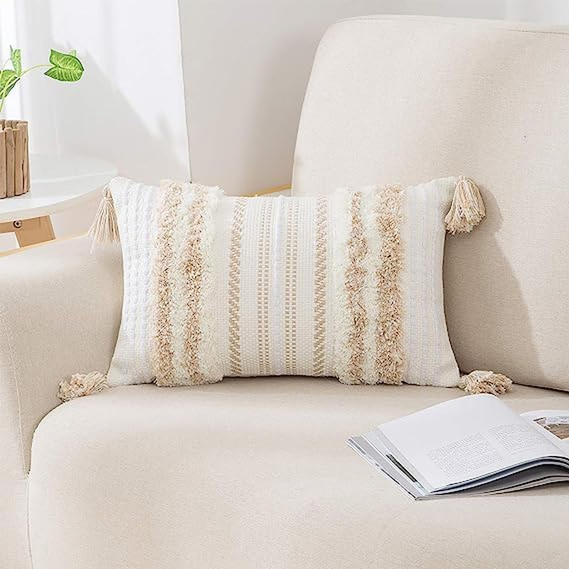 🌿 Boho Throw Pillow Cover 12x20 – Lumbar Accent Cushion with Textured Tufting & Handmade Tassels, Green & Cream White