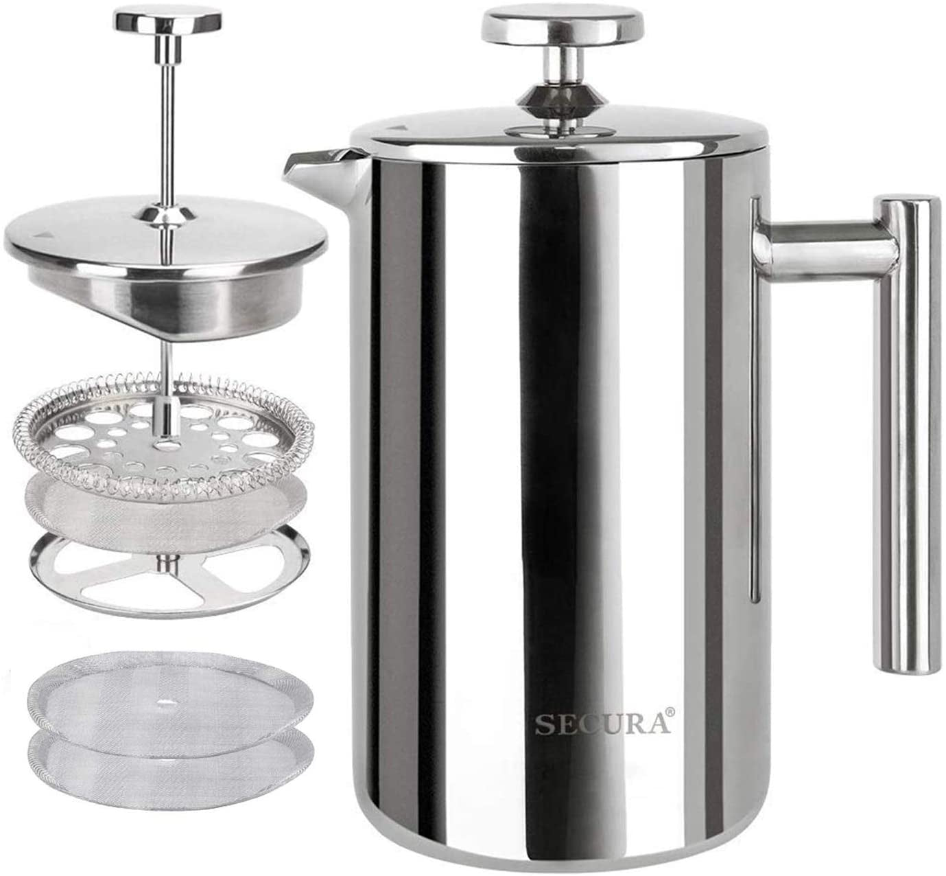 French Press Coffee Maker – 12oz (350ml) Double-Wall Insulated Stainless Steel Coffee Press with 3-Layer Filter, 2 Extra Screens, Dishwasher Safe – Heat Retention, Cool-Touch Handle