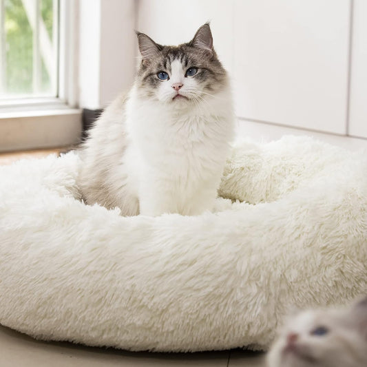 Donut Dog & Cat Bed – Fluffy Plush Faux Fur, Washable, Joint Relief & Improved Sleep, Non-Slip Bottom, Small/Medium/Large Pets