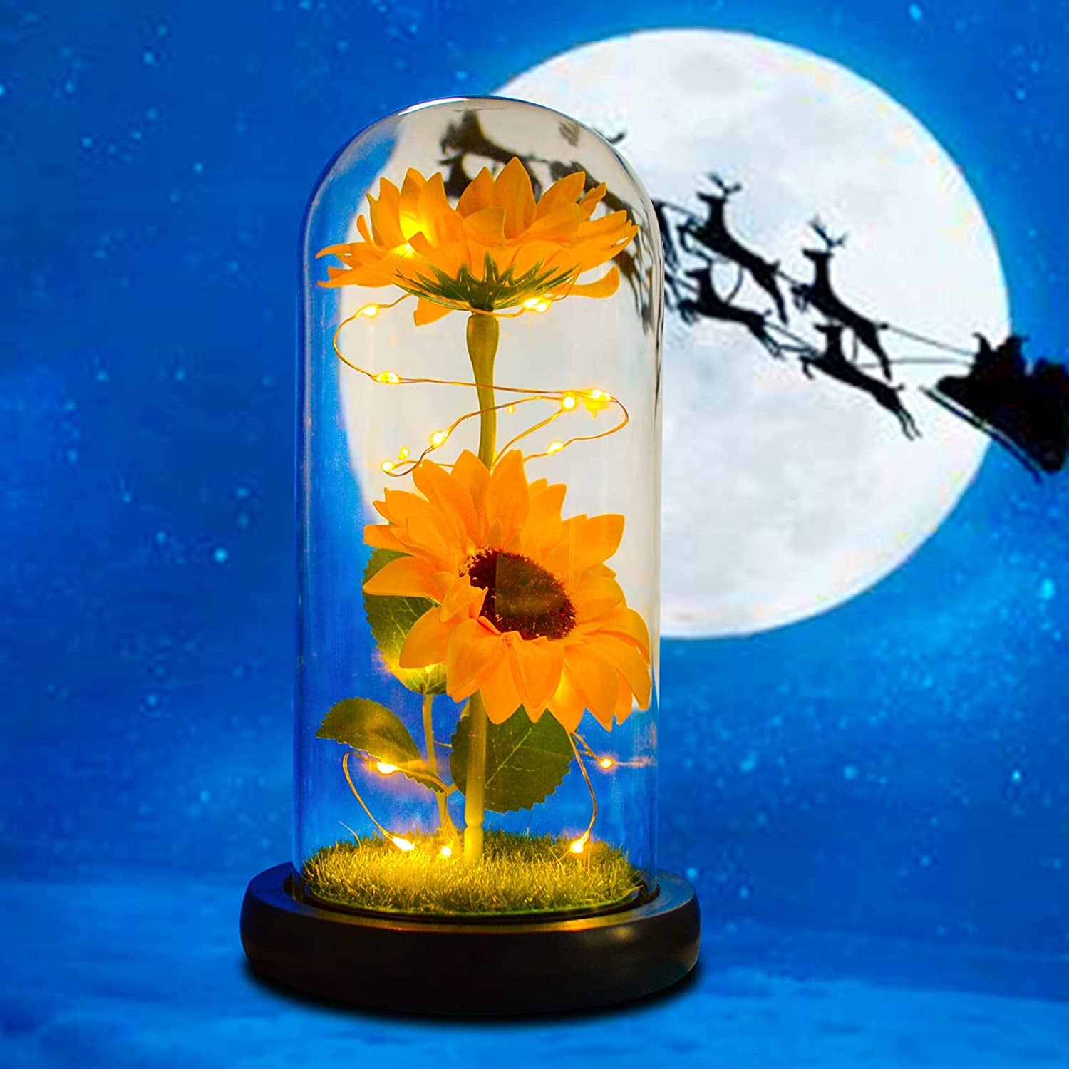 Sunflower Gift for Women – Preserved Artificial Sunflower in Glass Dome with LED Lights | Romantic Birthday, Christmas, Valentine’s, or Mother’s Day Gift