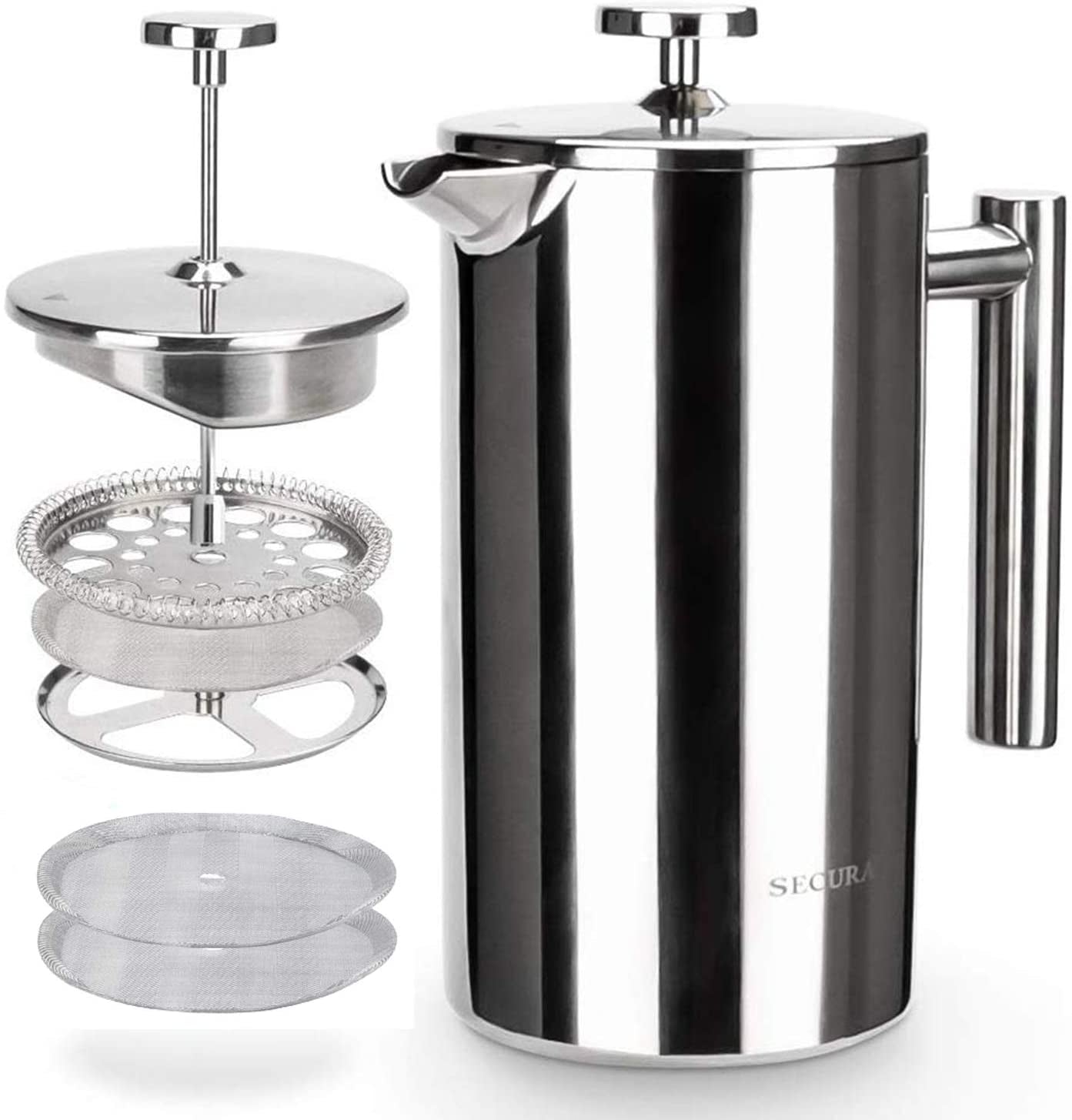French Press Coffee Maker – 12oz (350ml) Double-Wall Insulated Stainless Steel Coffee Press with 3-Layer Filter, 2 Extra Screens, Dishwasher Safe – Heat Retention, Cool-Touch Handle